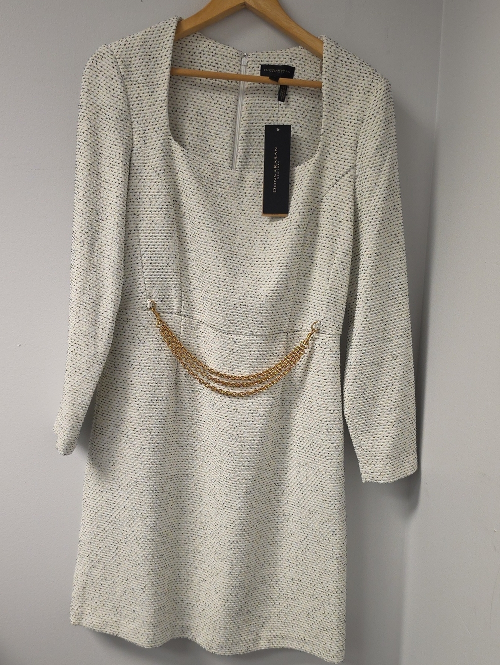 Donna Karan Cream Tweed Long Sleeve Dress with Gold Chain